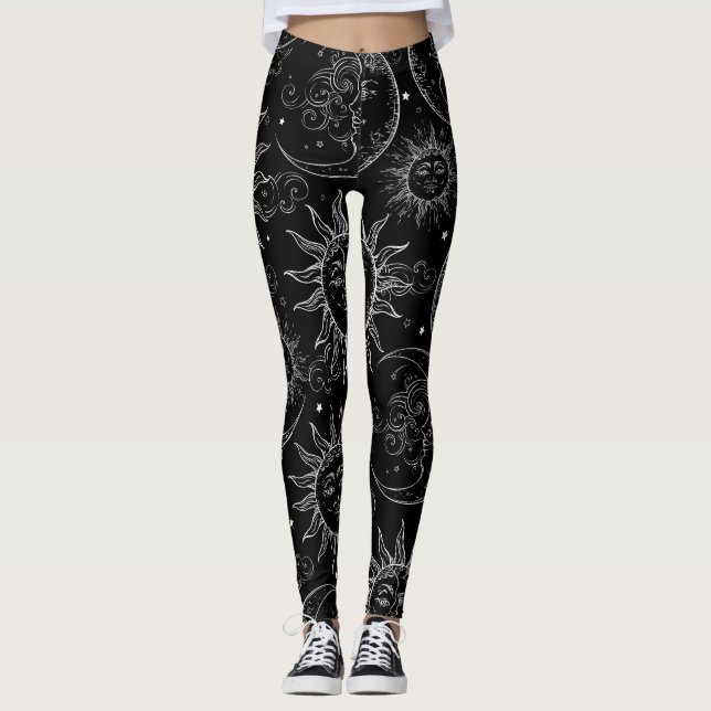 Leggings Magie Noire Vintage Céleste Soleil Lune Étoiles (Devant)