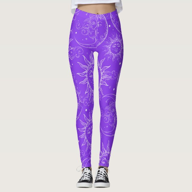 Leggings Magie Violette Céleste Vintage Soleil Lune Étoiles (Devant)
