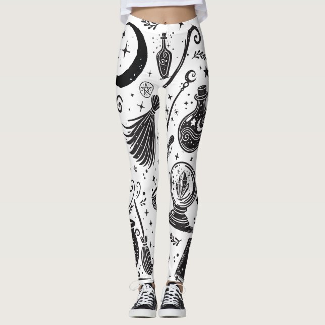Leggings Magique Sorcière Whimsical Wiccan Pagan noir & bla (Devant)