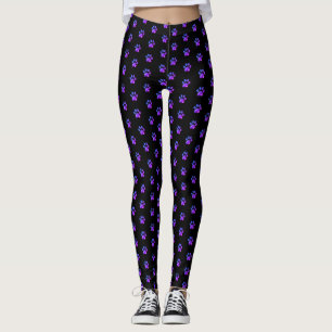 Leggings Magnifique motif de patte violet bleu sur fond noi