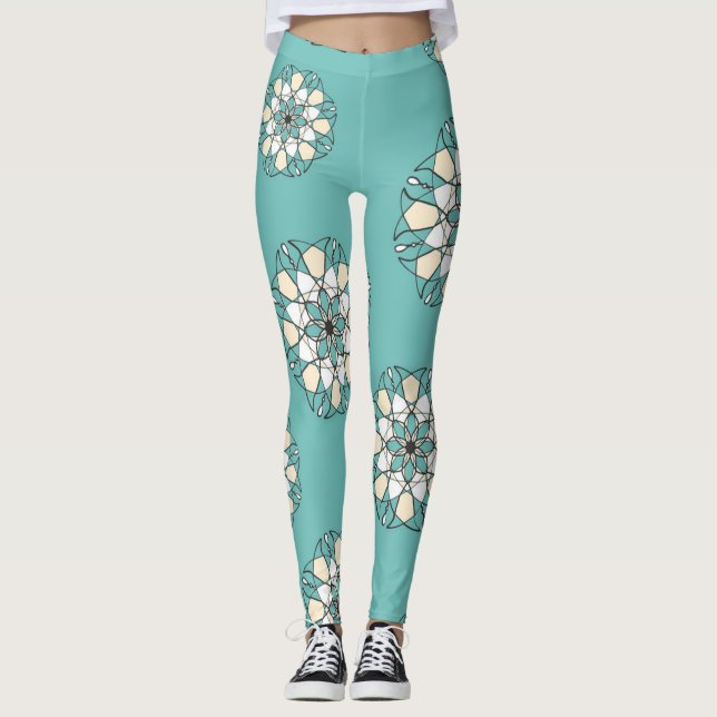 Leggings Magnifique Turquoise Grande Fleurs Blanches Femme (Devant)