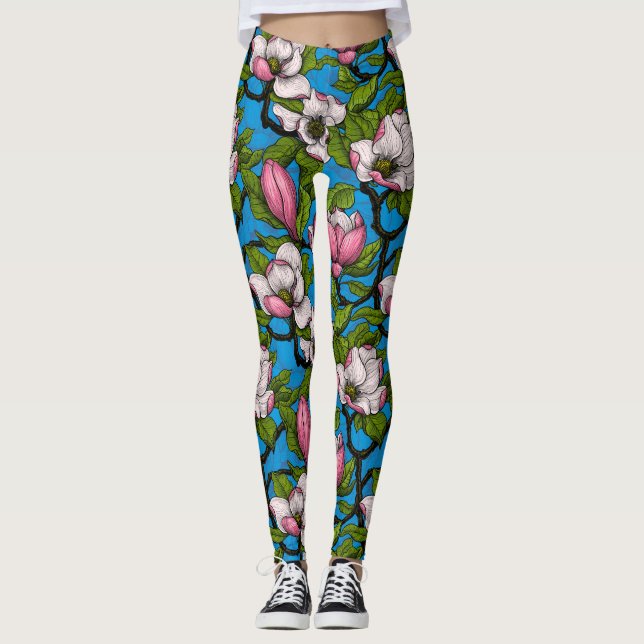 Leggings Magnolia en floraison sur bleu (Devant)