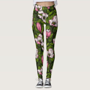 Leggings Magnolia en floraison sur vert foncé