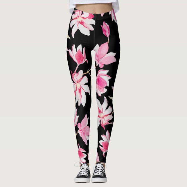 Leggings Magnolia romantique : Aquarelle noire (Devant)