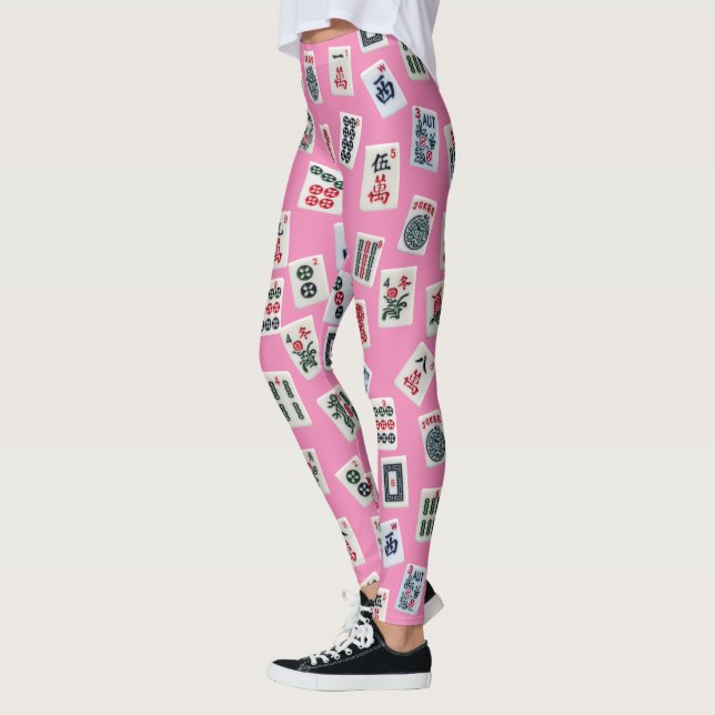 Leggings MahJong carreaux symboles sur rose (Gauche)