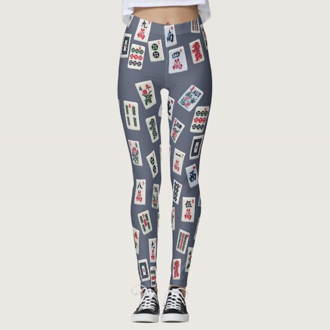 Leggings MahJongg mosaïques design sur bleu foncé (Devant)