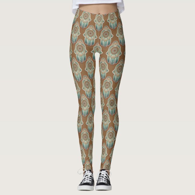 Leggings Mains en cuivre et Jade Green Hamsa (Devant)