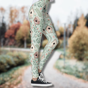 Leggings Maisons de oiseaux pastel vintage avec floraisons