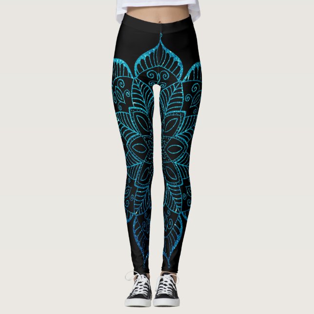 Leggings Mandala à paillettes fausses sarcelle foncé sur fo (Devant)