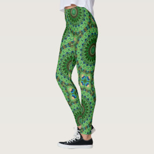Leggings Mandala de plumes de paon Symétrie émeraude et ble