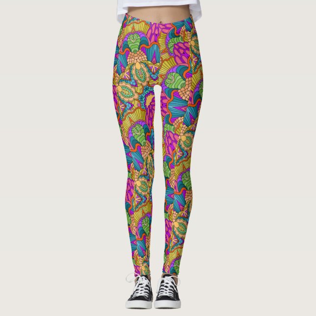 Leggings Mandala Design en rose, blues et or (Devant)