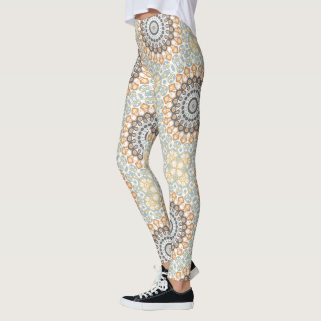 Leggings Mandala géométrique en orange, gris et bleu (Gauche)