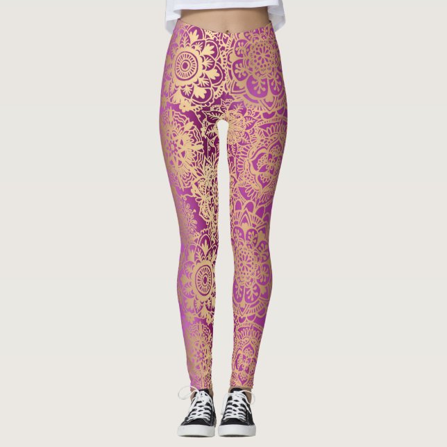 Leggings Mandala Motif de yoga rose et or (Devant)
