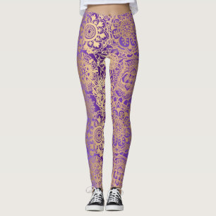 Leggings Mandala Motif Yoga de Boho pourpre et or