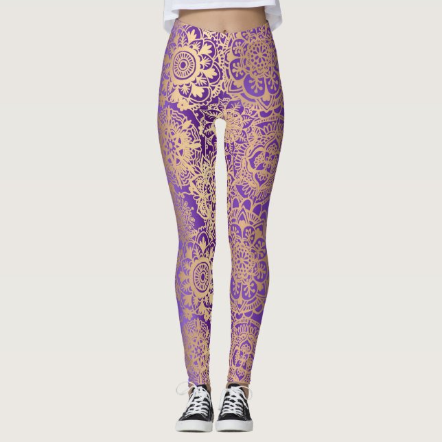 Leggings Mandala Motif Yoga de Boho pourpre et or (Devant)