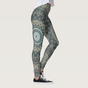 Leggings Mandala Taupe et Sarcelle avec Symétrie Tribale