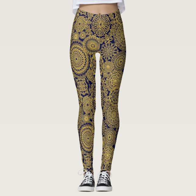 Leggings Mandalas Haven dans l'or et la marine (Devant)