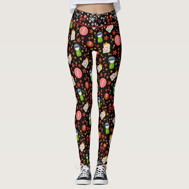 Leggings Maneki Neko Cat et Geisha en japonais noir (Devant)