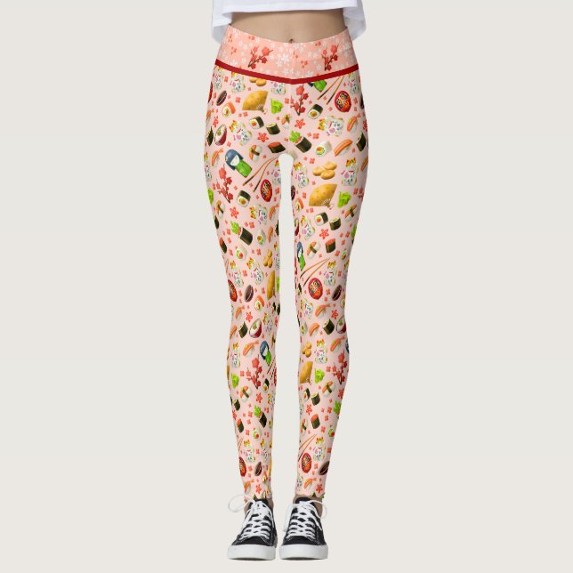 Leggings Maneki Neko Chat et Sushi japonais rose (Devant)