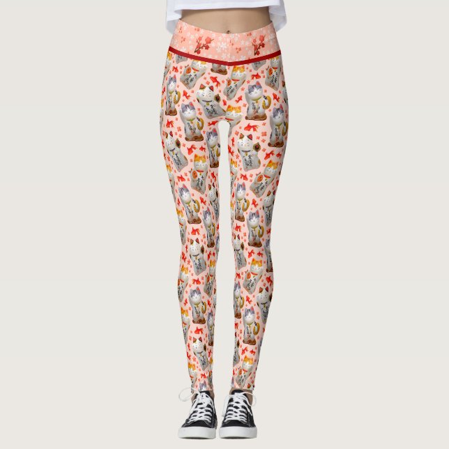 Leggings Maneki Neko Chat et Sushi japonais rose (Devant)