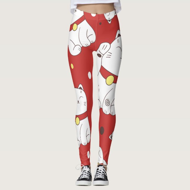 Leggings Maneki-Neko chat, motif japonais de doodle. (Devant)