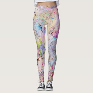 Leggings Manuscrit rose floral de papillon d'oiseaux de