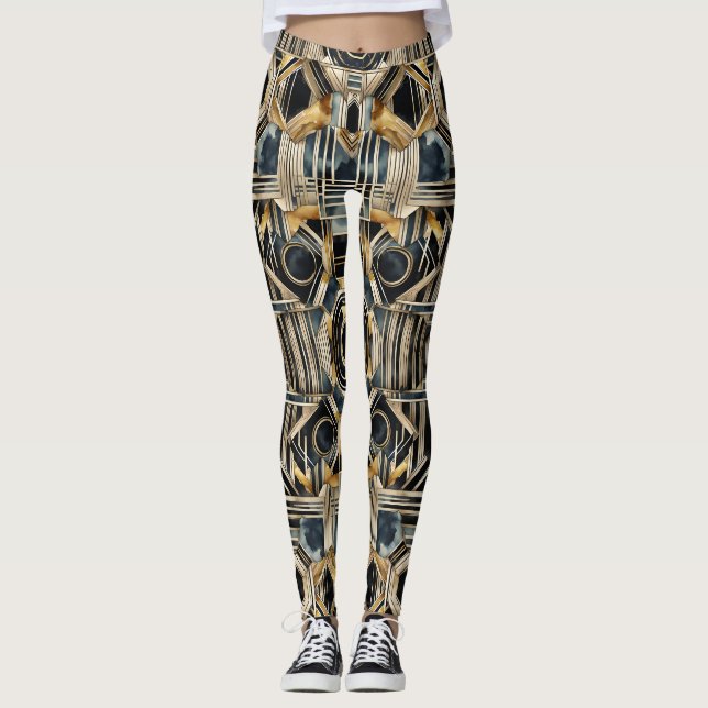 Leggings Marbre Art déco Noir et or Jazzy Géométrique (Devant)