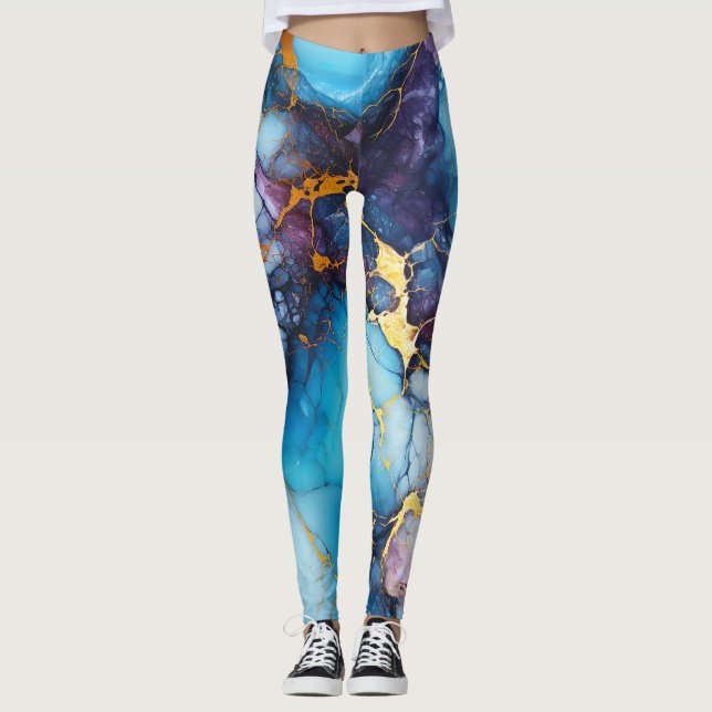 Leggings Marbre Azur & Améthyste avec Veines Dorées (Devant)