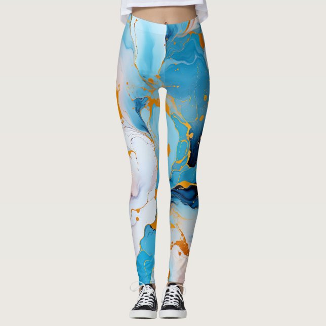 Leggings Marbre Azur avec Éclaboussures Dorées (Devant)