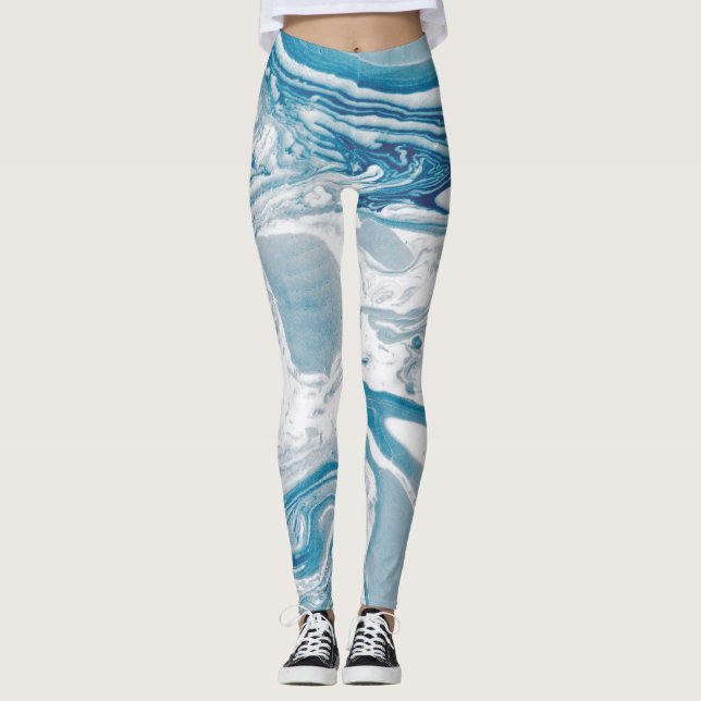 Leggings Marbre blanc et bleu Faux Marbre moderne (Devant)