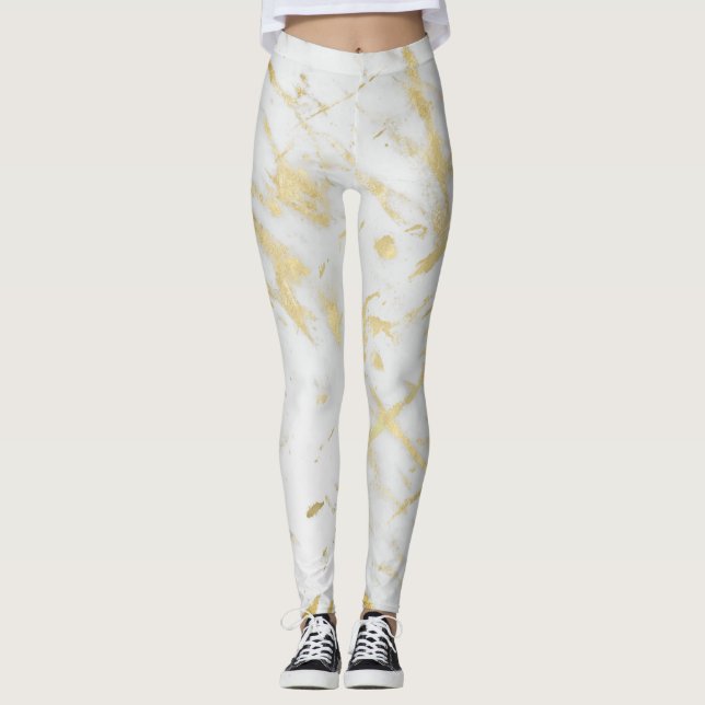 Leggings Marbre blanc et or Glamour Moderne Chic Designer (Devant)