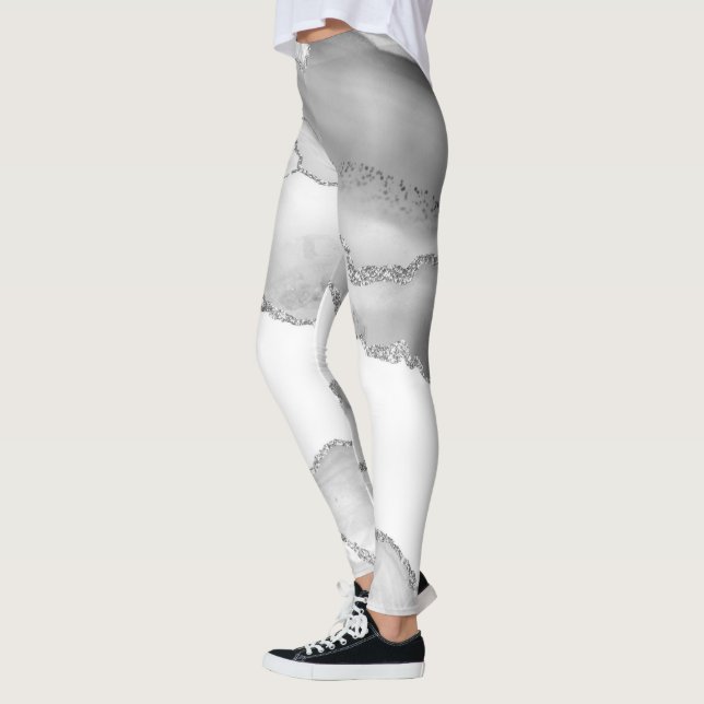 Leggings Marbre Blanc Gris Agate Simple Paillettes Argentée (Gauche)