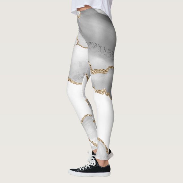 Leggings Marbre Blanc Grisé Agate Raffiné Paillettes Dorées (Gauche)