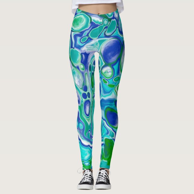 Leggings Marbre bleu et vert Fluid Art Abstrait (Devant)