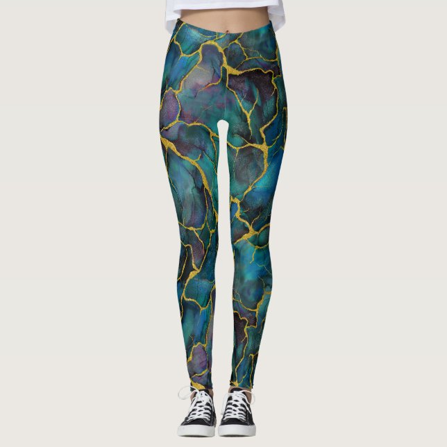 Leggings Marbre bleu nuit avec veines d'or (Devant)