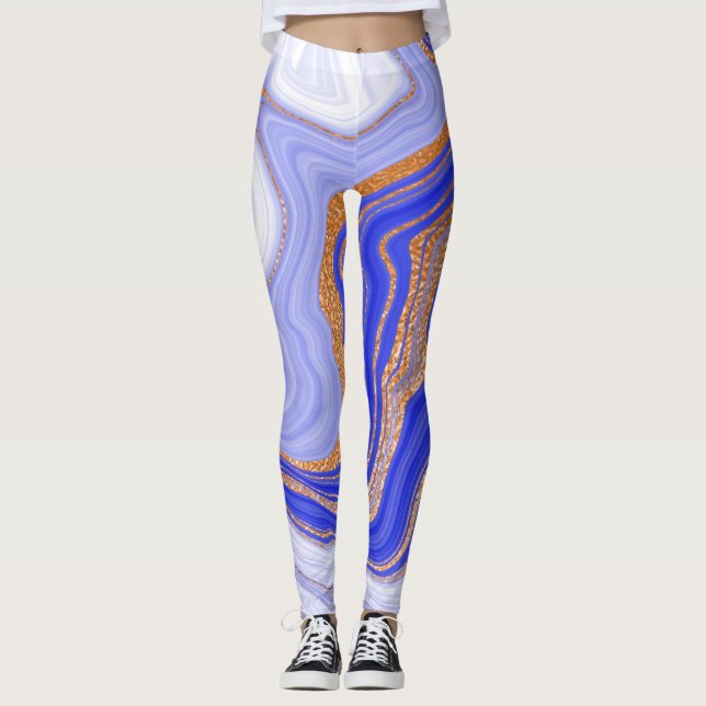 Leggings Marbre Bleu Or, Abstrait Moderne. (Devant)