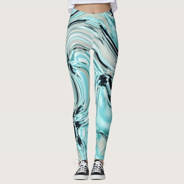 Leggings marbre chic tourbillons menthe aqua bleu ondulatio (Devant)