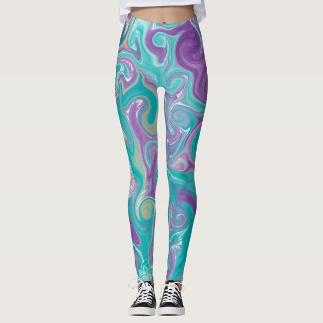 Leggings Marbre d'art fluides violet, Turquoise et or (Devant)