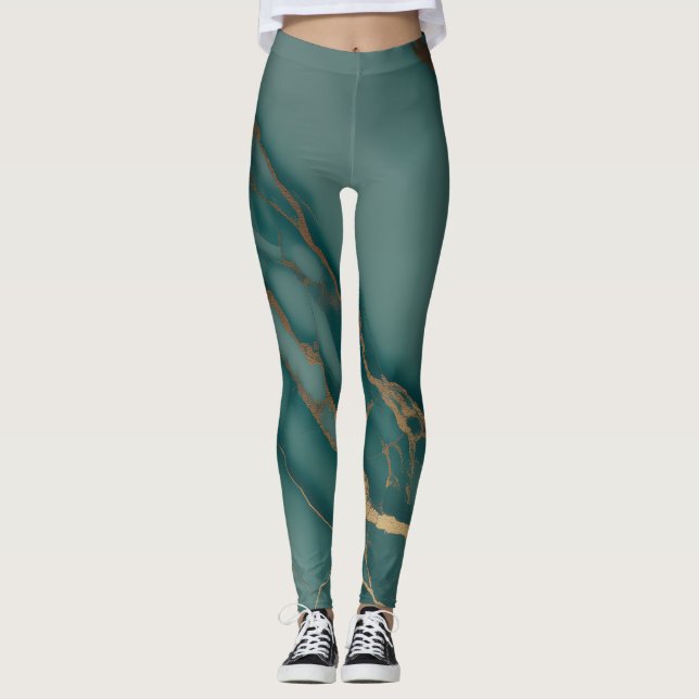 Leggings Marbre de sarcelle foncée + veines dorées Luxe aju (Devant)