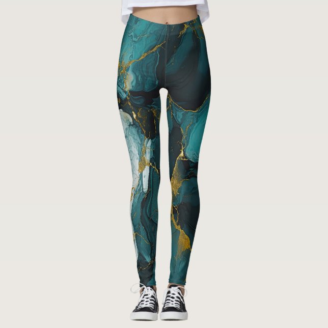 Leggings Marbre Émeraude aux Veines Dorées (Devant)