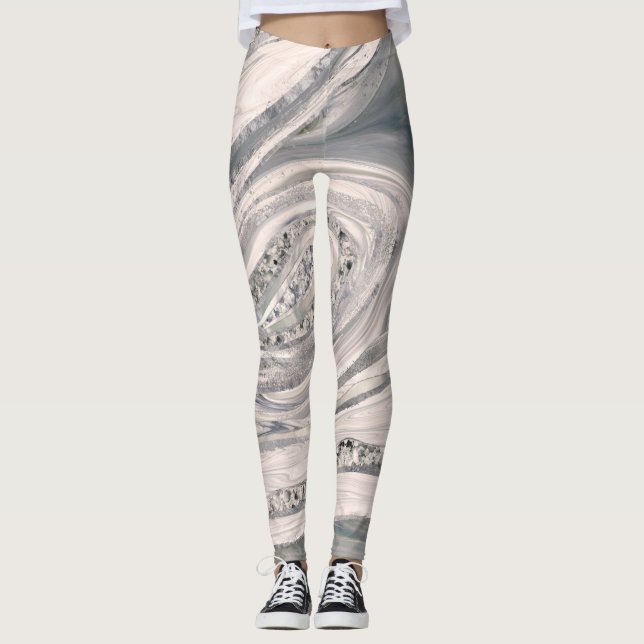 Leggings Marbre et cristal liquides gris - perle et argent (Devant)