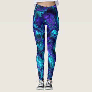 Leggings Marbre Fractal Monochrome Bleu Vibrant Bohème Groo