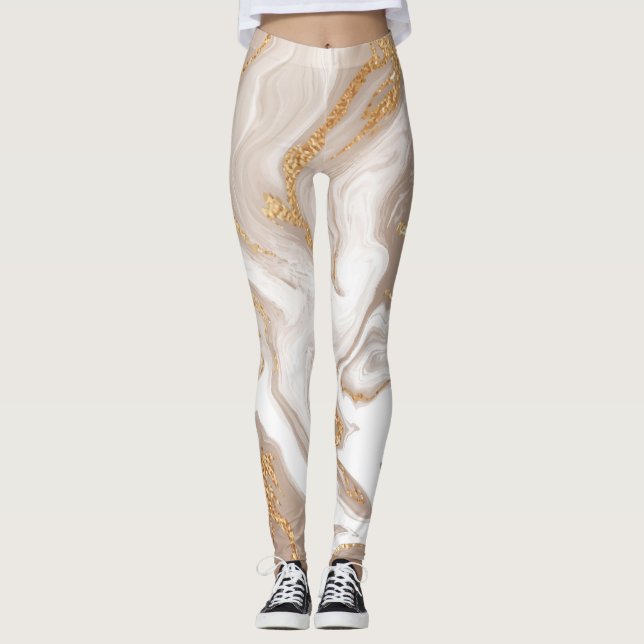 Leggings Marbre liquide beige, art de la ligne dorée. (Devant)