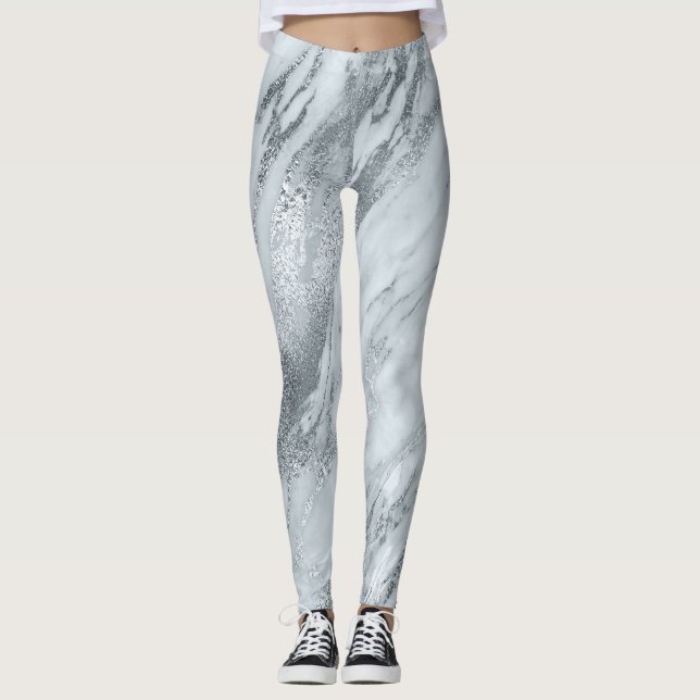 Leggings Marbre minimal gris argenté Abstrait bleu (Devant)