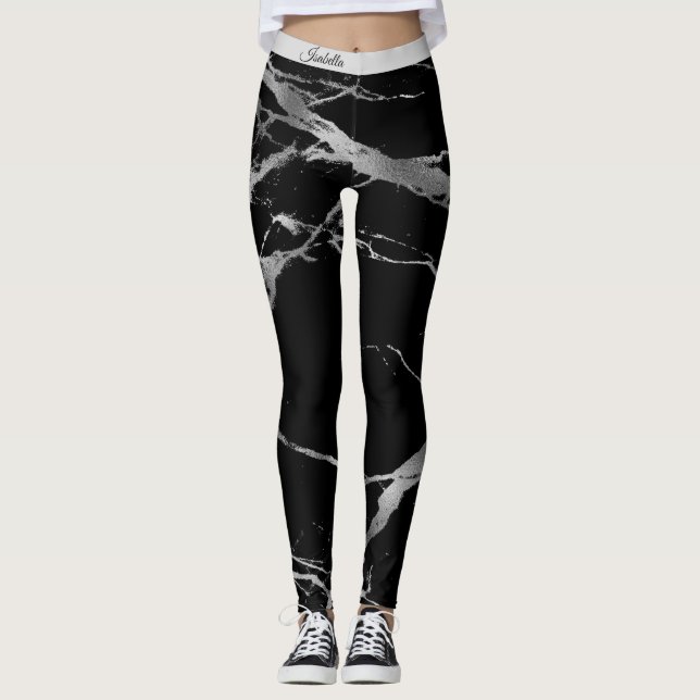 Leggings Marbre noir argenté de luxe Ajouter un texte (Devant)