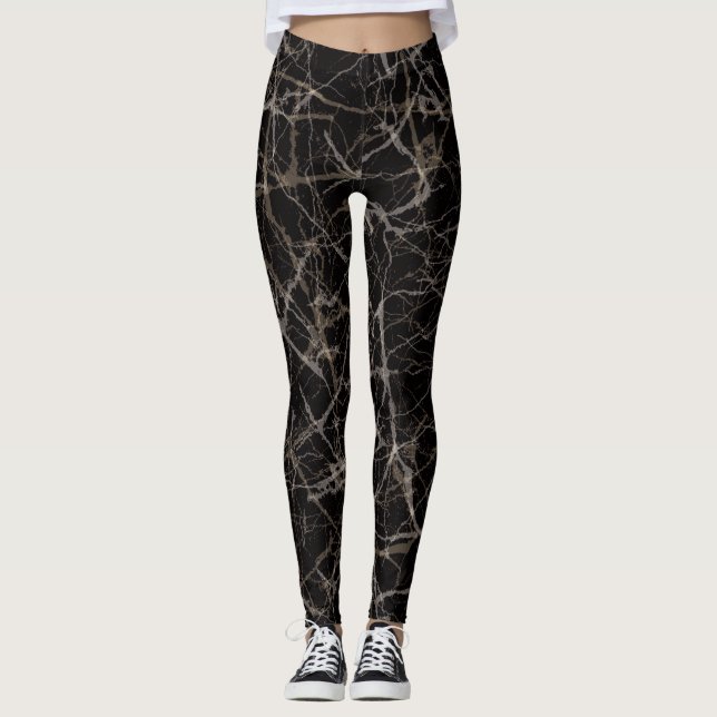 Leggings Marbre Noir Élégant et Texture de Pierre Humeur  (Devant)
