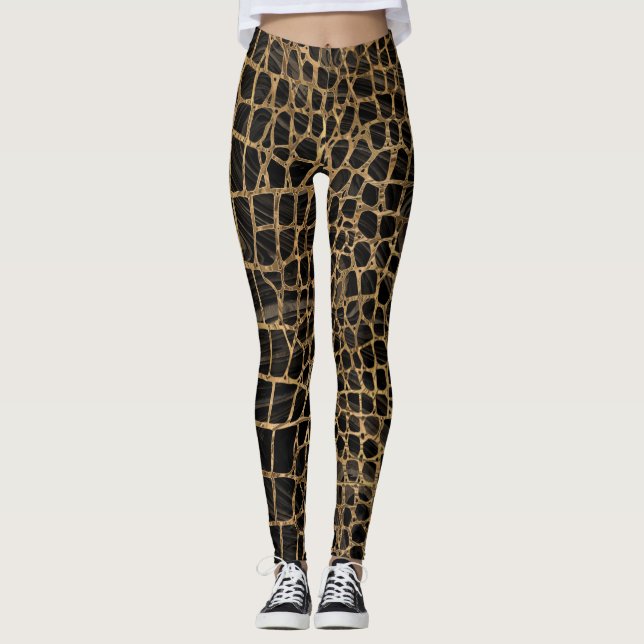 Leggings Marbre noir liquide Faux Crocodile et or (Devant)