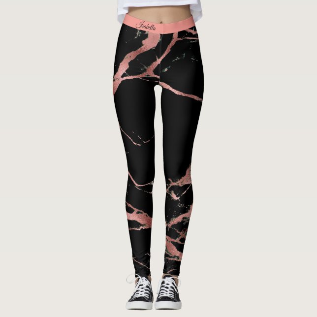 Leggings Marbre noir rose luxueux Ajouter un texte (Devant)