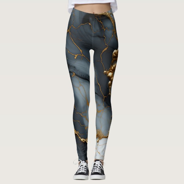 Leggings Marbre Onyx Fumé avec Veines Dorées (Devant)