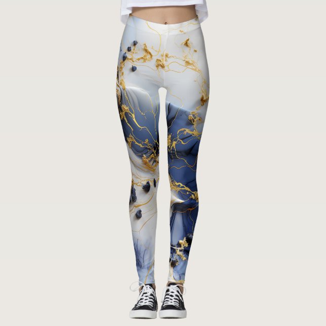 Leggings Marbre Saphir de Minuit avec Fils d'Or (Devant)
